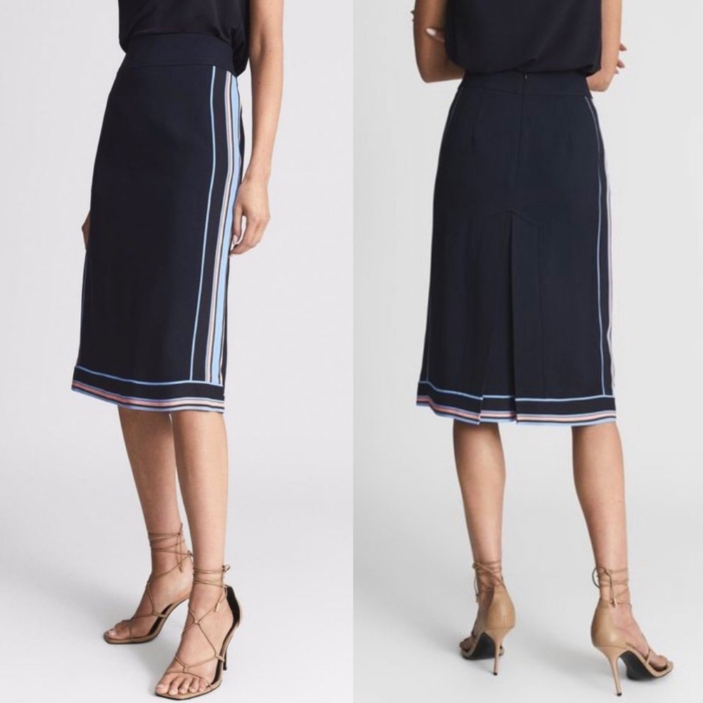Reiss Maciee Knee‎ Length Pencil Skirt Navy Striped Pattern Sz 6 Office Cocktail